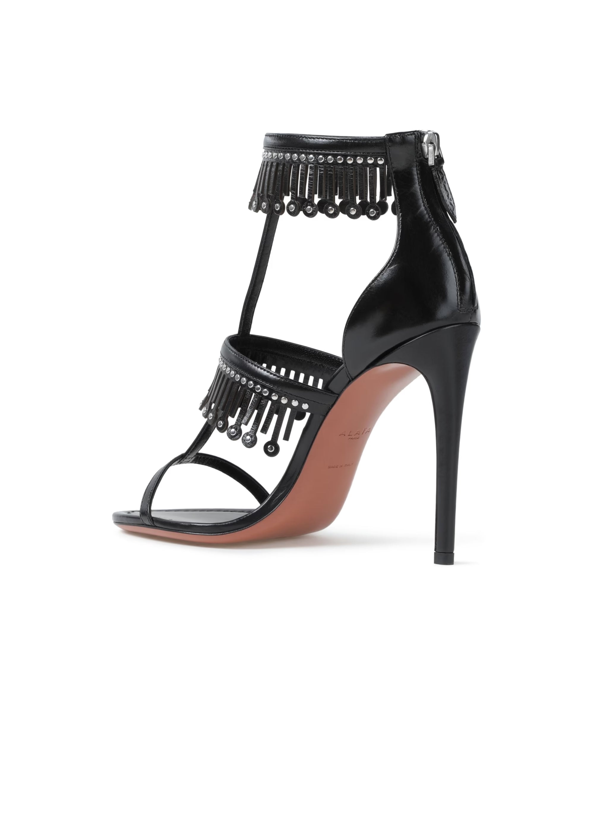 Sandales à franges cloutées coupées au laser en cuir - Noir
