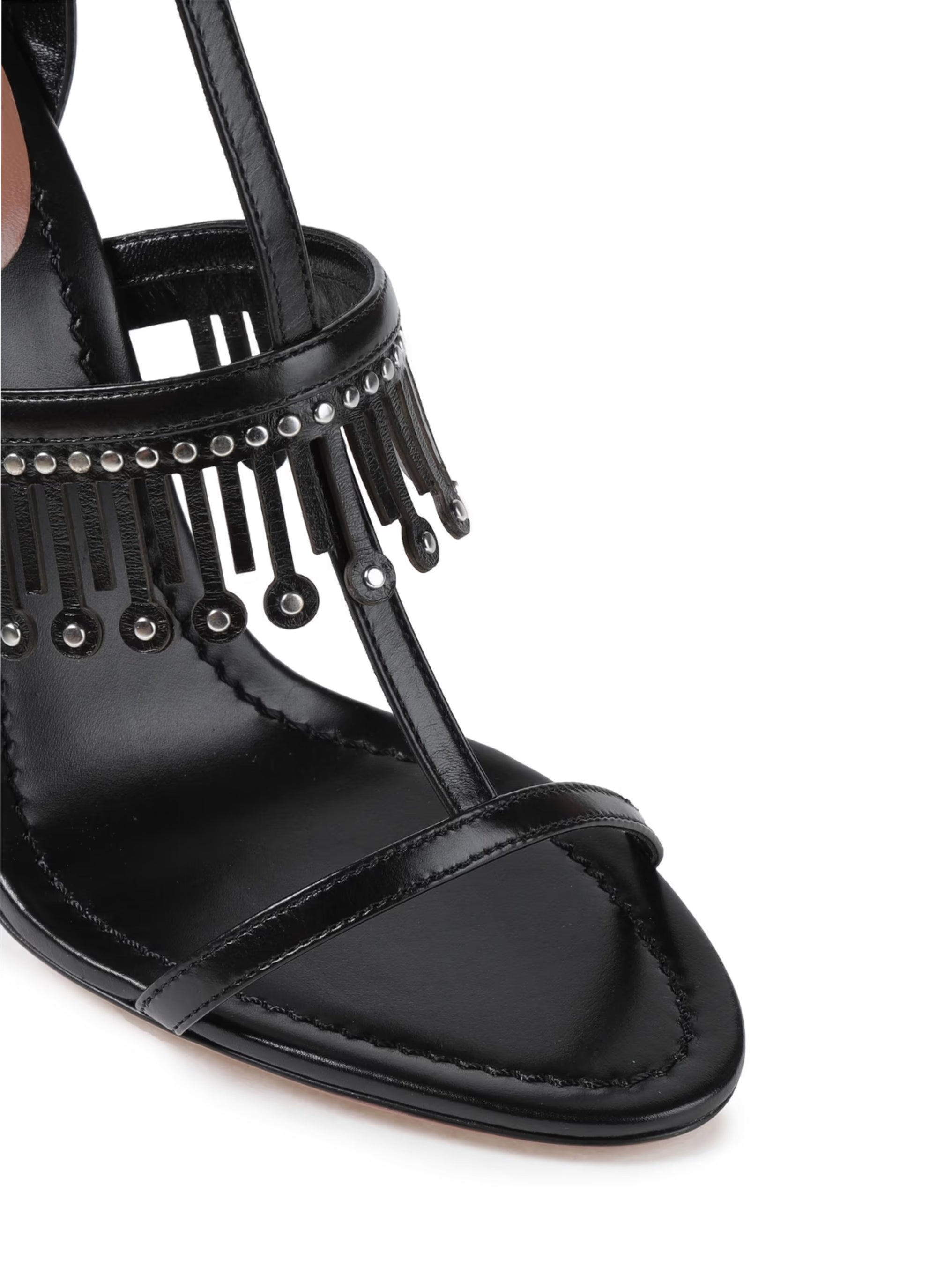 Sandales à franges cloutées coupées au laser en cuir - Noir