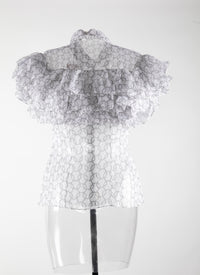 Chemise transparente à manches courtes évasées volantées en soie - Blanc & Noir