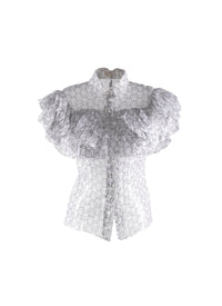 Chemise transparente à manches courtes évasées volantées en soie - Blanc & Noir