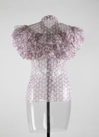 Chemise transparente à manches courtes évasées volantées en soie - Blanc & Bordeaux