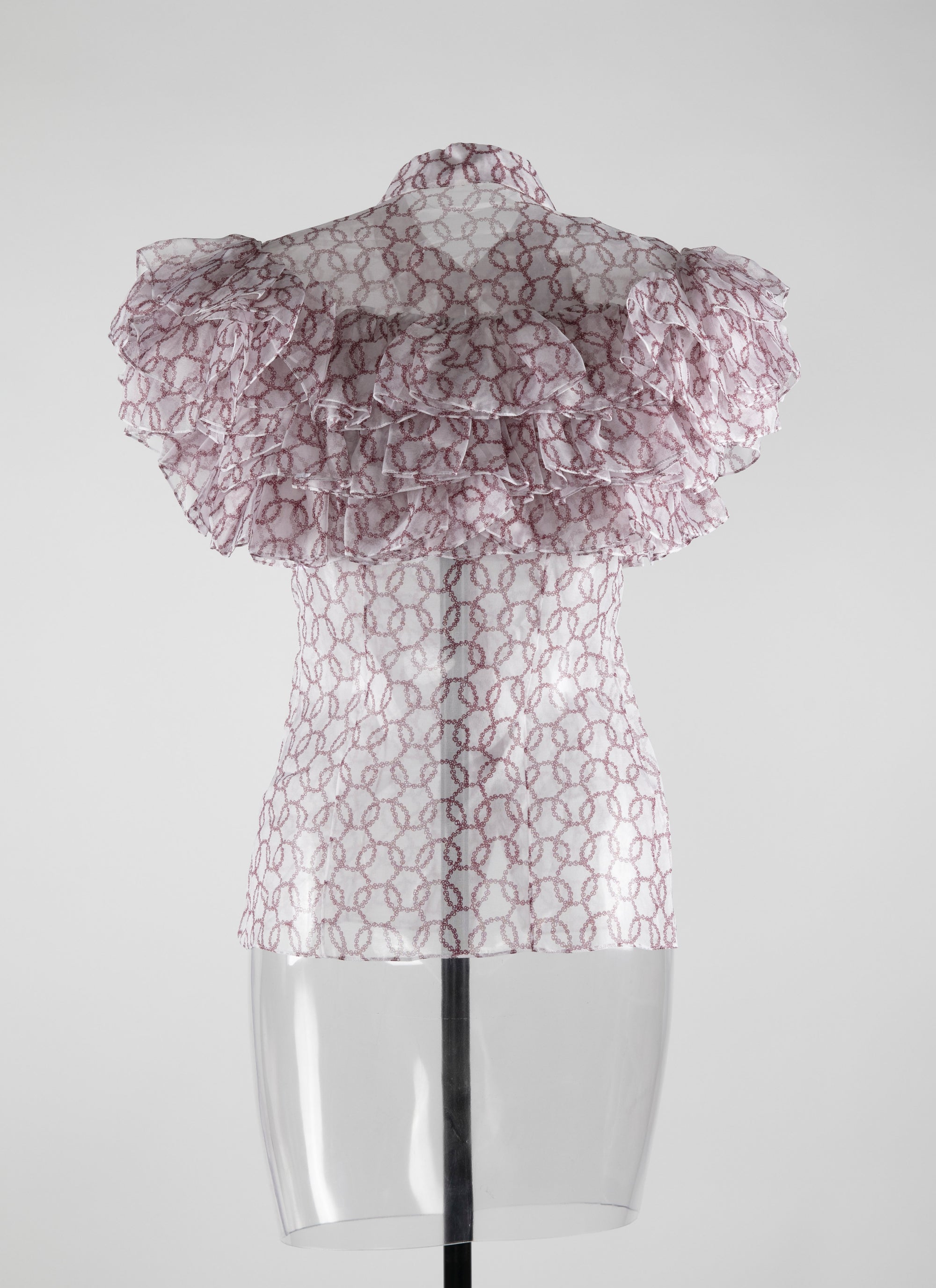 Chemise transparente à manches courtes évasées volantées en soie - Blanc & Bordeaux
