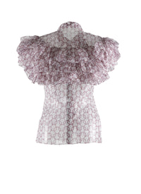 Chemise transparente à manches volantées en soie - Blanc & Bordeaux