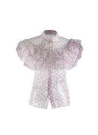 Chemise transparente à manches volantées en soie - Blanc & Bordeaux