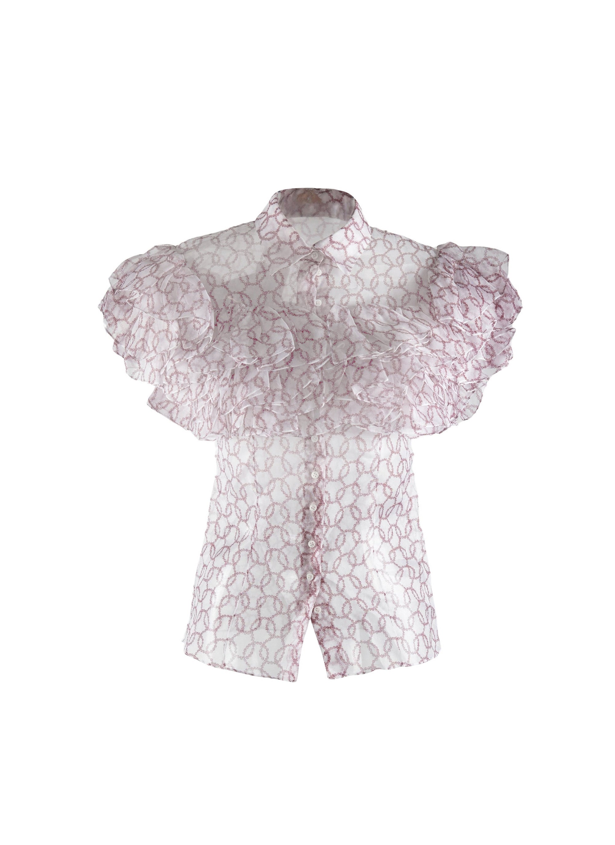 Chemise transparente à manches volantées en soie - Blanc & Bordeaux