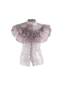 Chemise transparente à manches courtes évasées volantées en soie - Blanc & Bordeaux