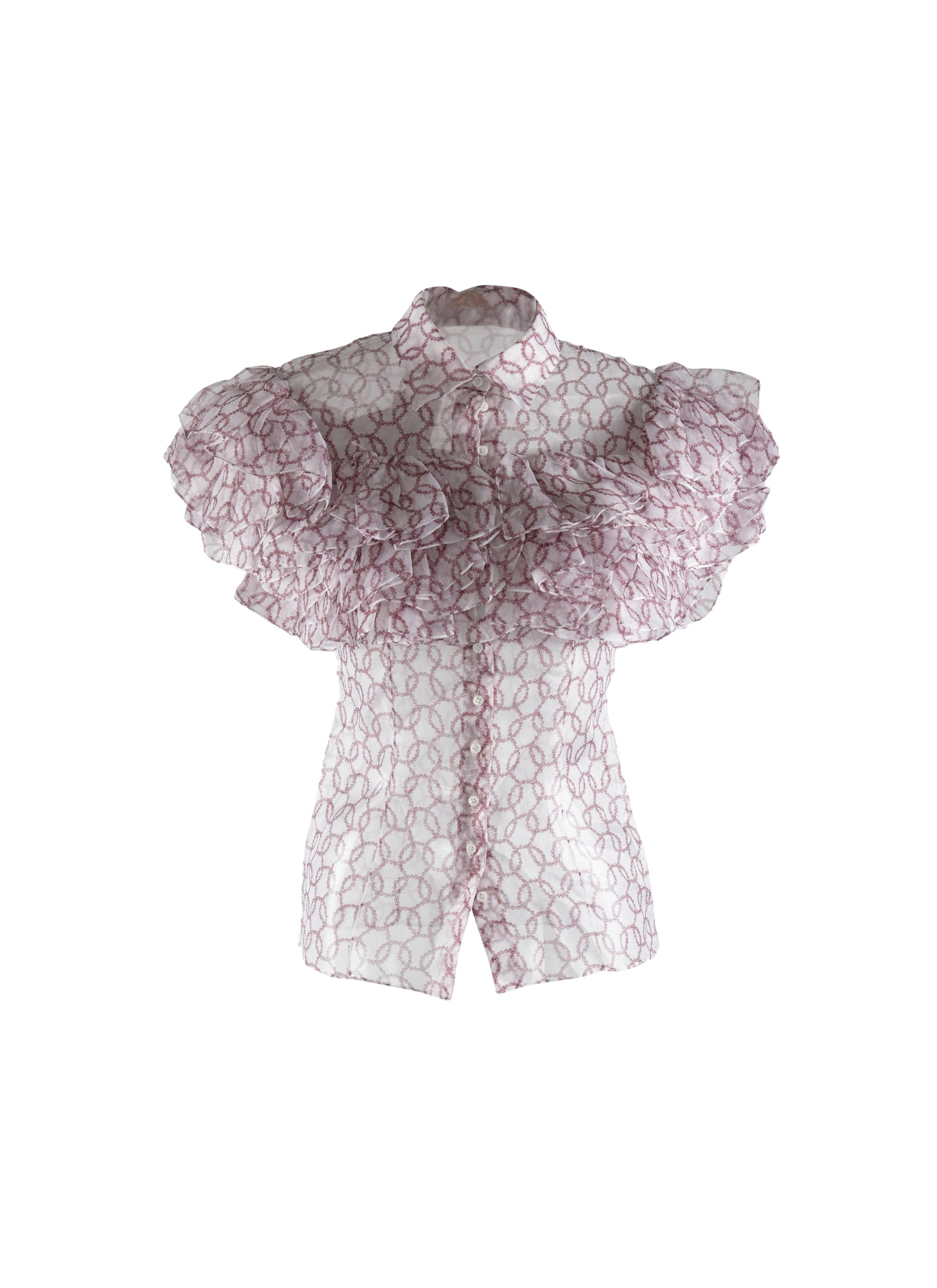 Chemise transparente à manches courtes évasées volantées en soie - Blanc & Bordeaux