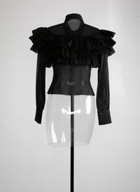 Sheer shirt with long ruffled sleeves - Black intense