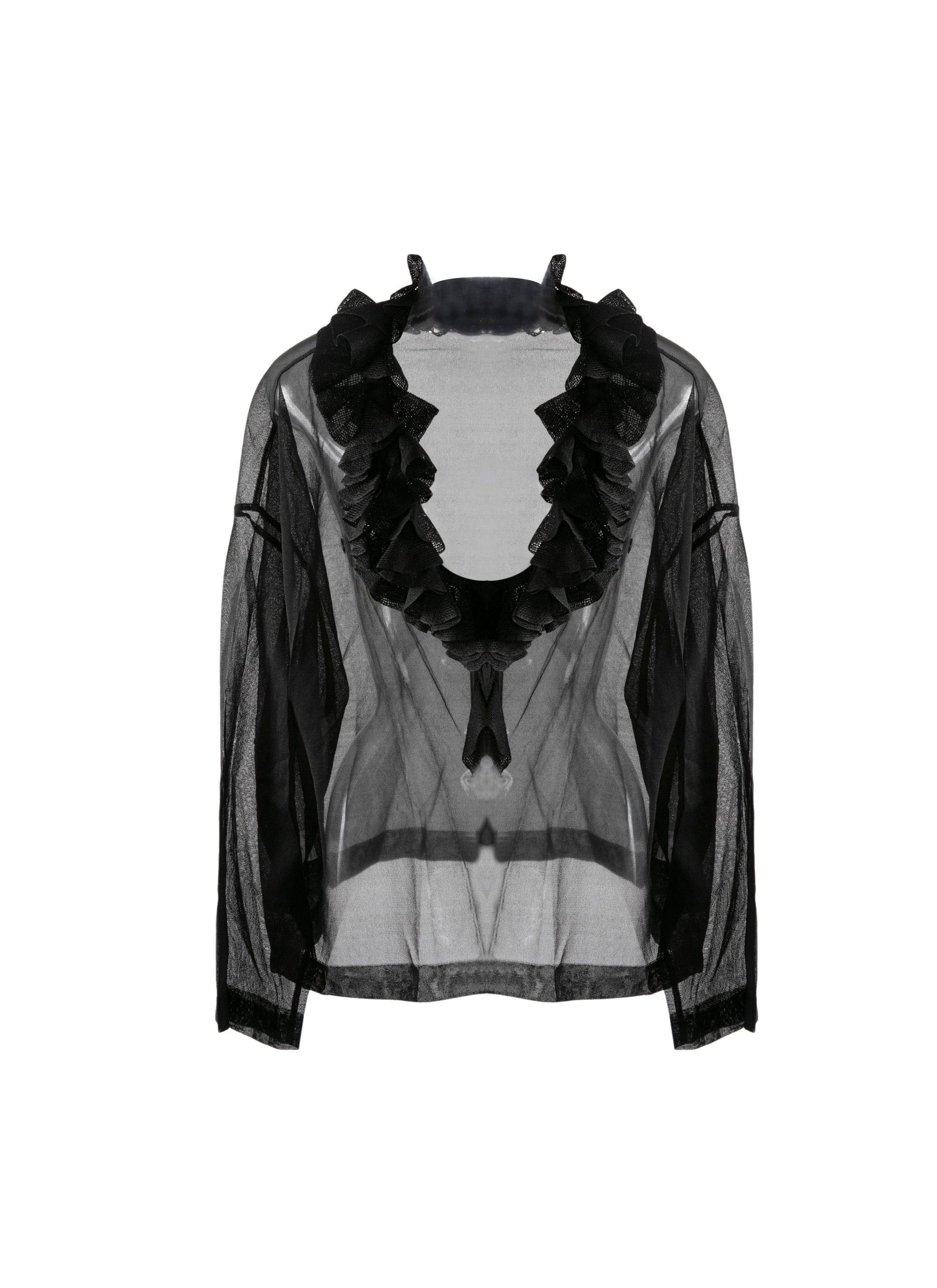 Pull à encolure en v avec volant en soie - Noir