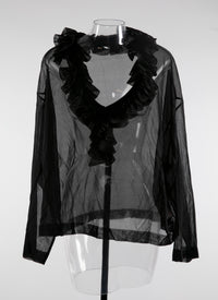 Pull à encolure en v avec volant en soie - Noir