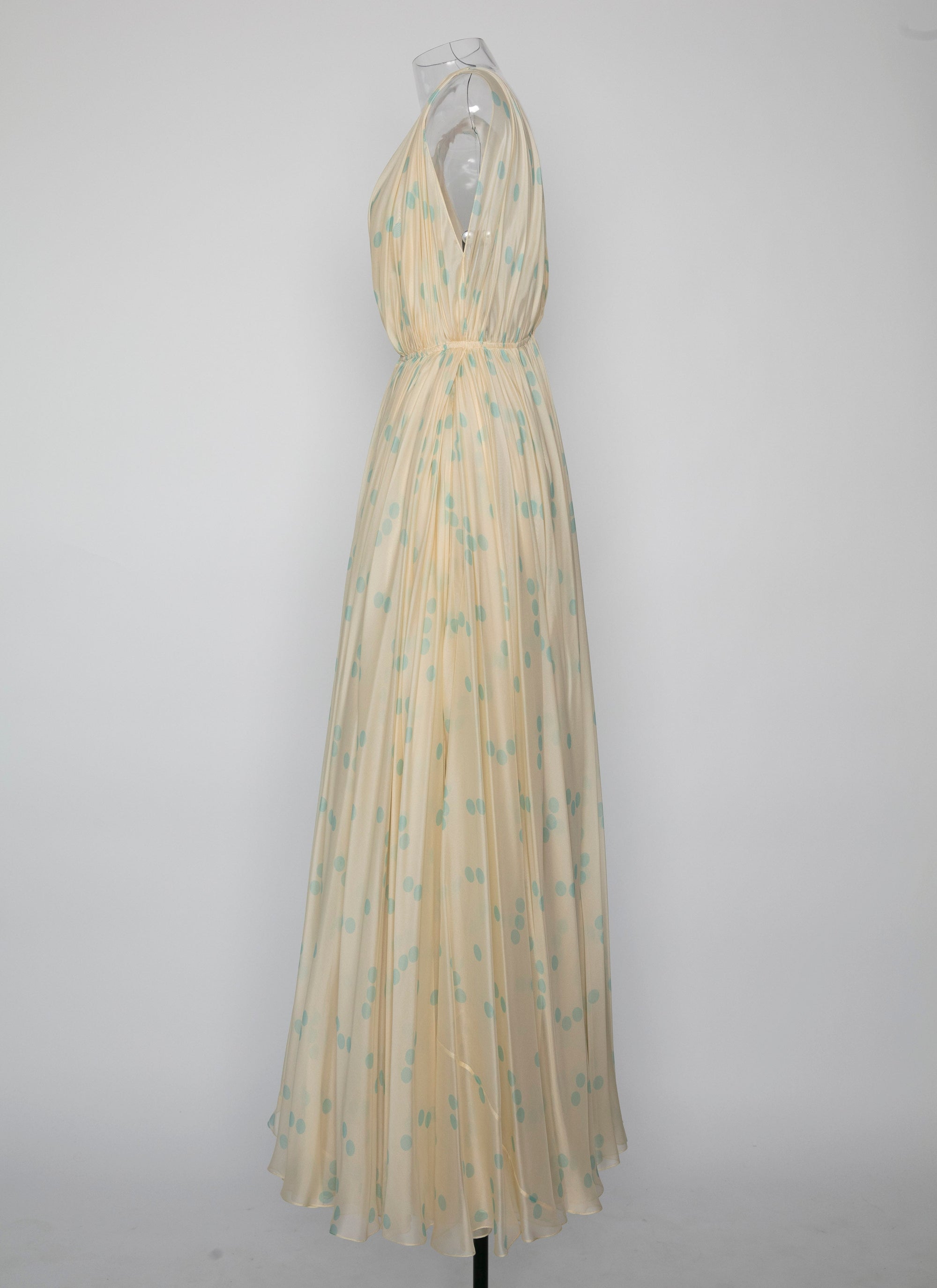 Robe sans manches Mousseline à pois en soie - Ivoire & Bleu