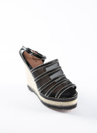 Espadrilles à talons compensés en cuir a bride cloutée - Noir