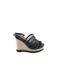 Espadrilles à talons compensés en cuir a bride cloutée - Noir