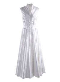 Pleated maxi dress with stand-up collar - White