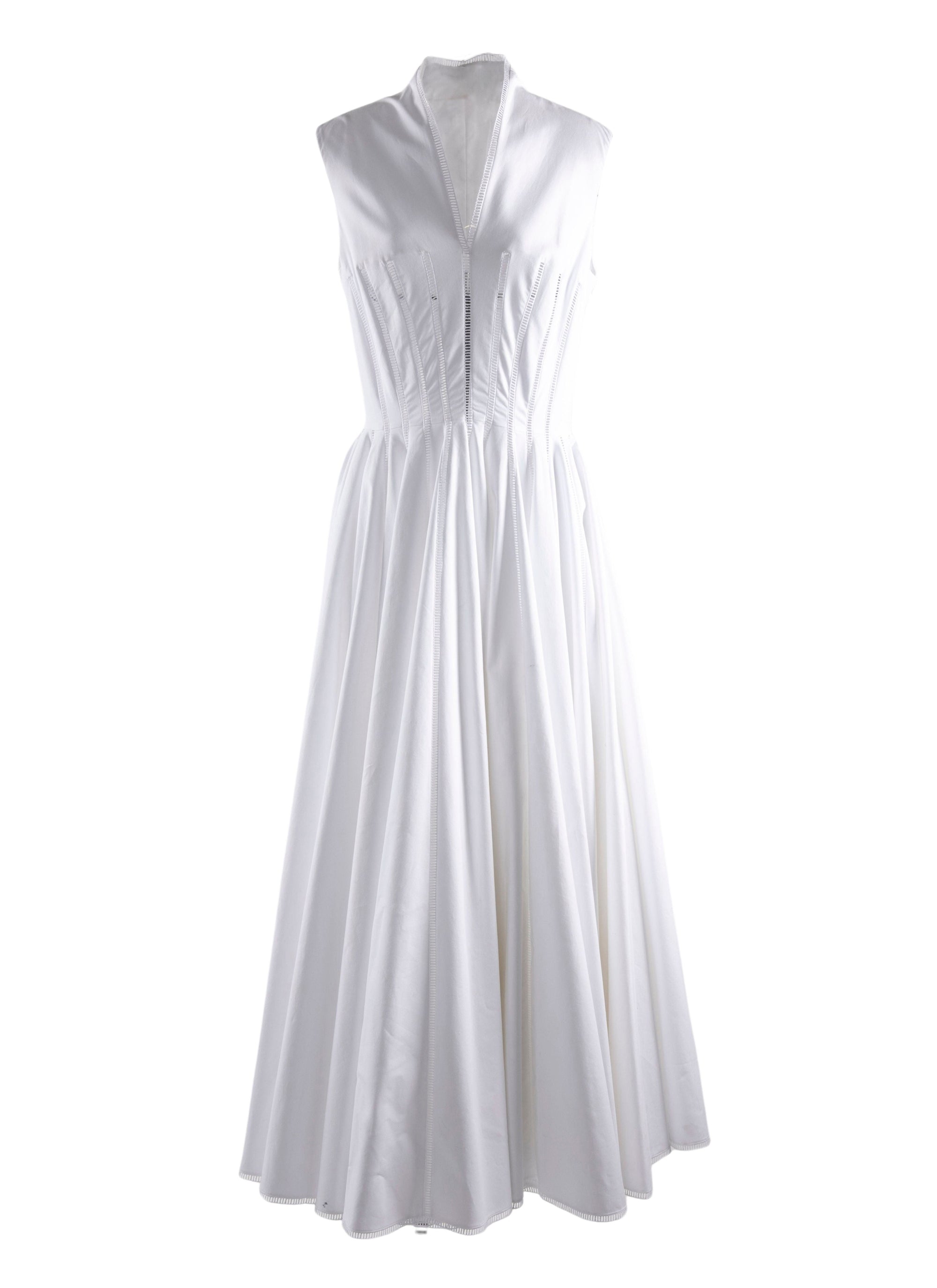 Pleated maxi dress with stand-up collar - White