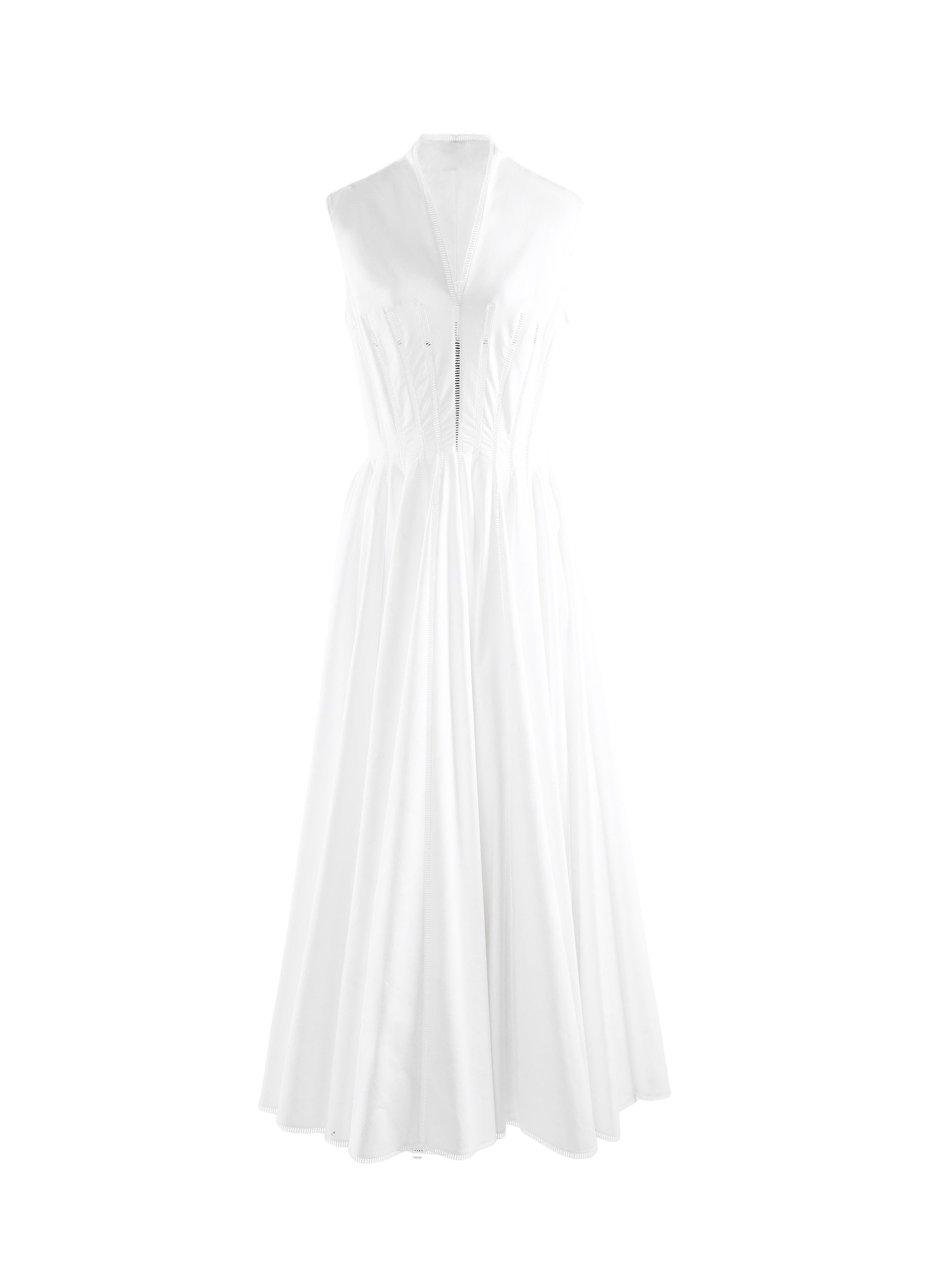 Pleated maxi dress with stand-up collar - White