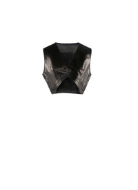 Short leather cardigan with asymmetric fastening - Black intense