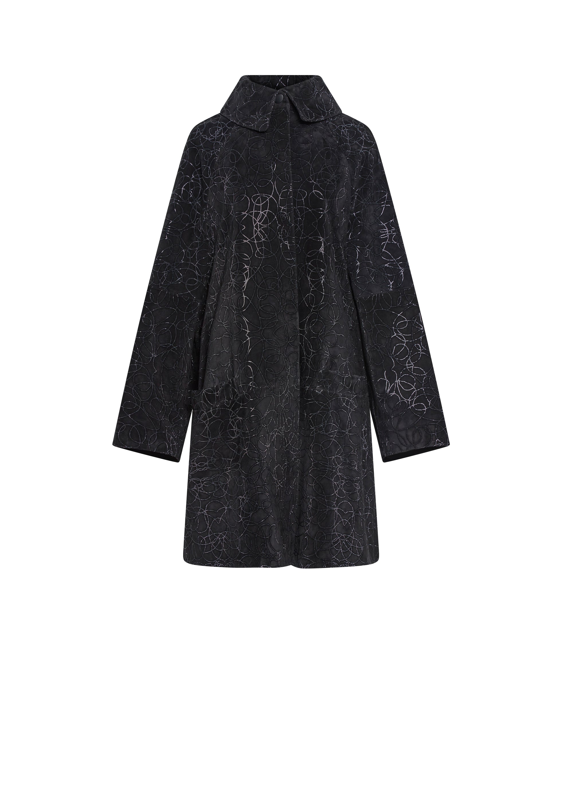 Manteau cape à détails brodés en cuir - Noir & Noir Brillant