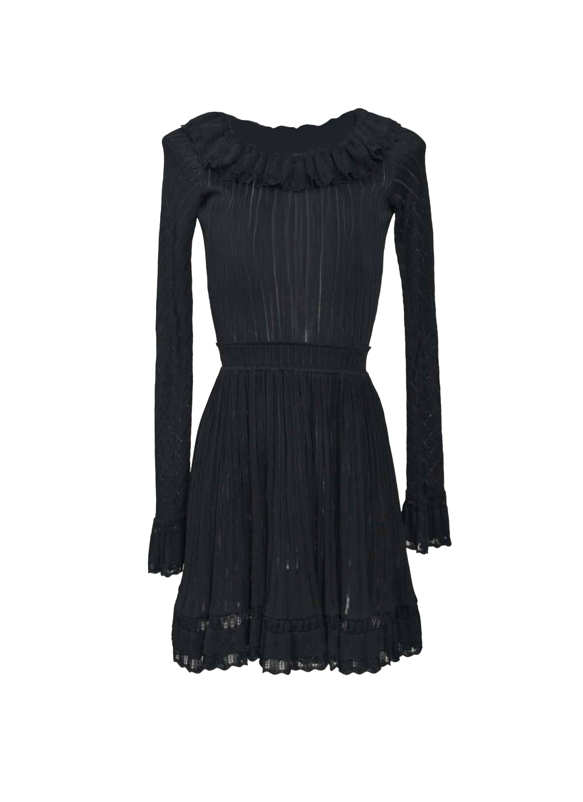 Robe à col volanté et détails dentelle - Noir