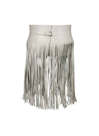 Ceinture corset à longues franges triple boutons en cuir - Blanc Optique