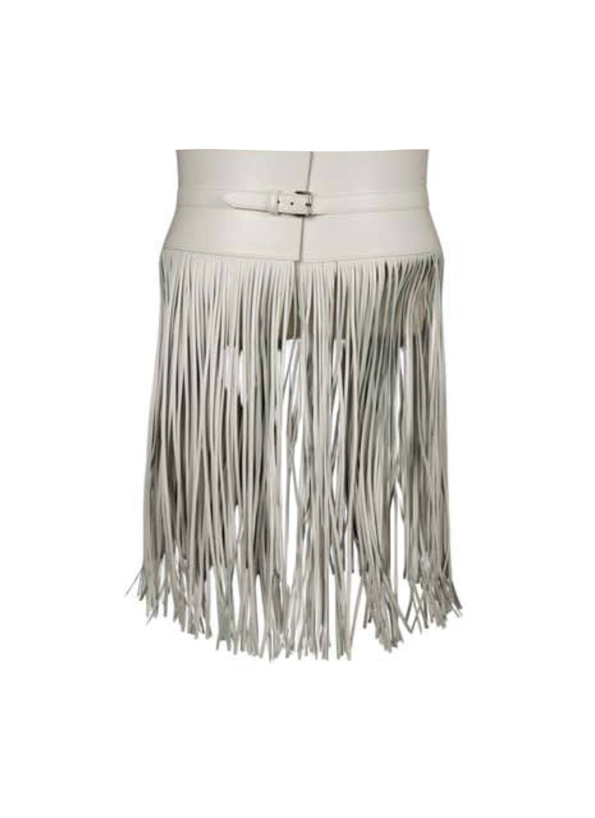 Ceinture corset à longues franges triple boutons en cuir - Blanc Optique