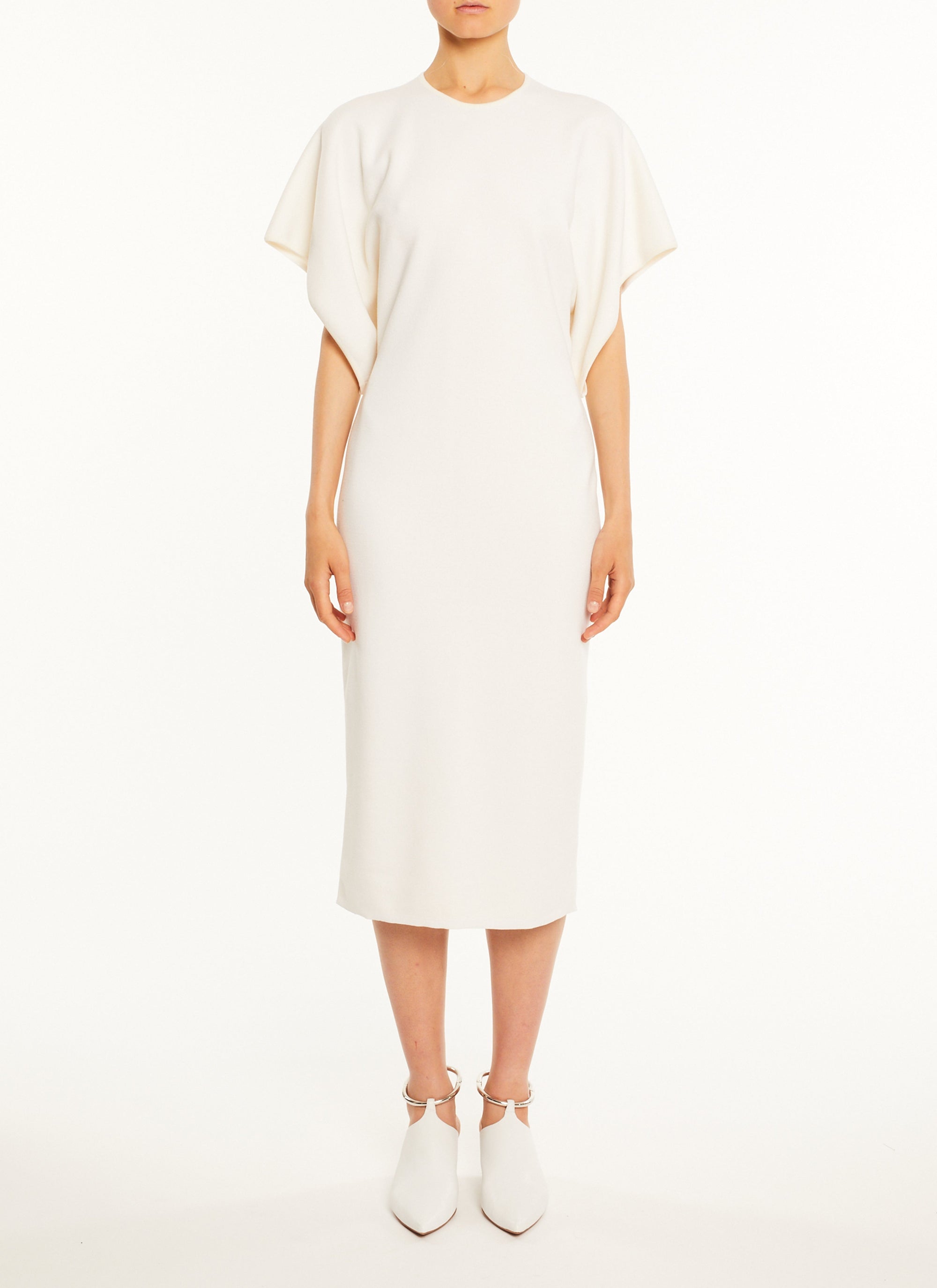Robe cintre à manches courtes en soie et laine - Blanc