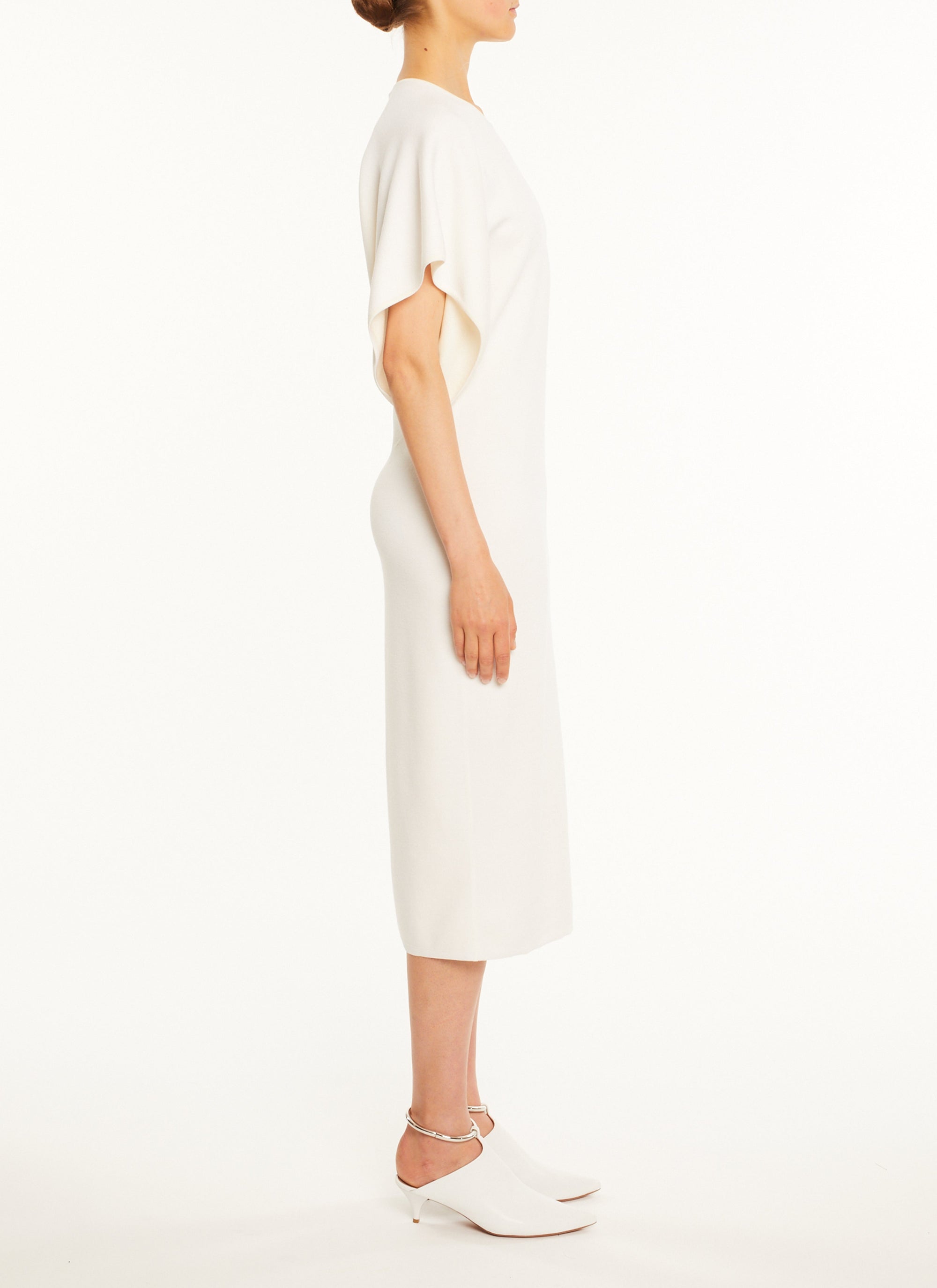 Robe cintre à manches courtes en soie et laine - Blanc