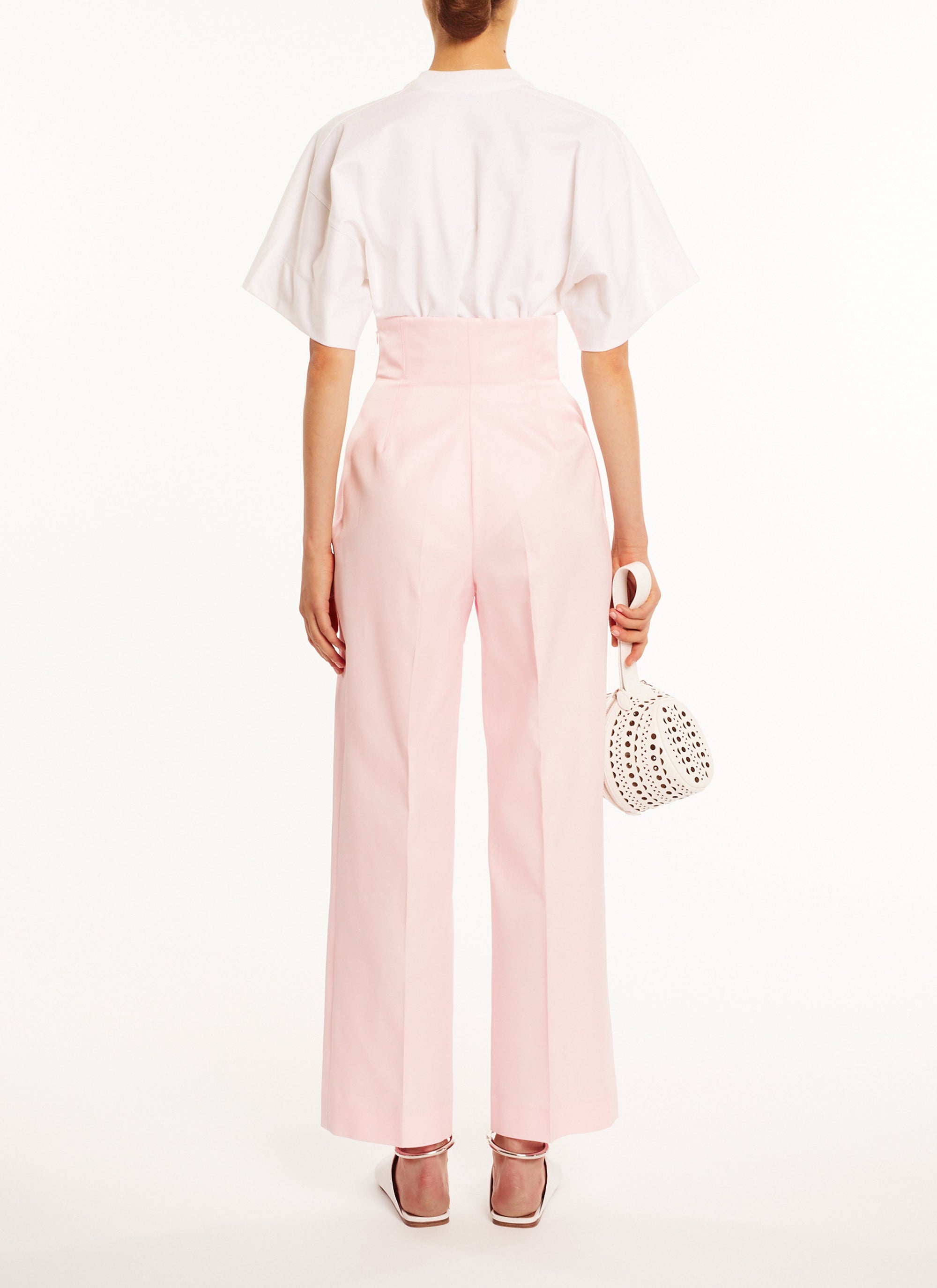 Pantalon droit taille marquée en soie mélangée - Rose