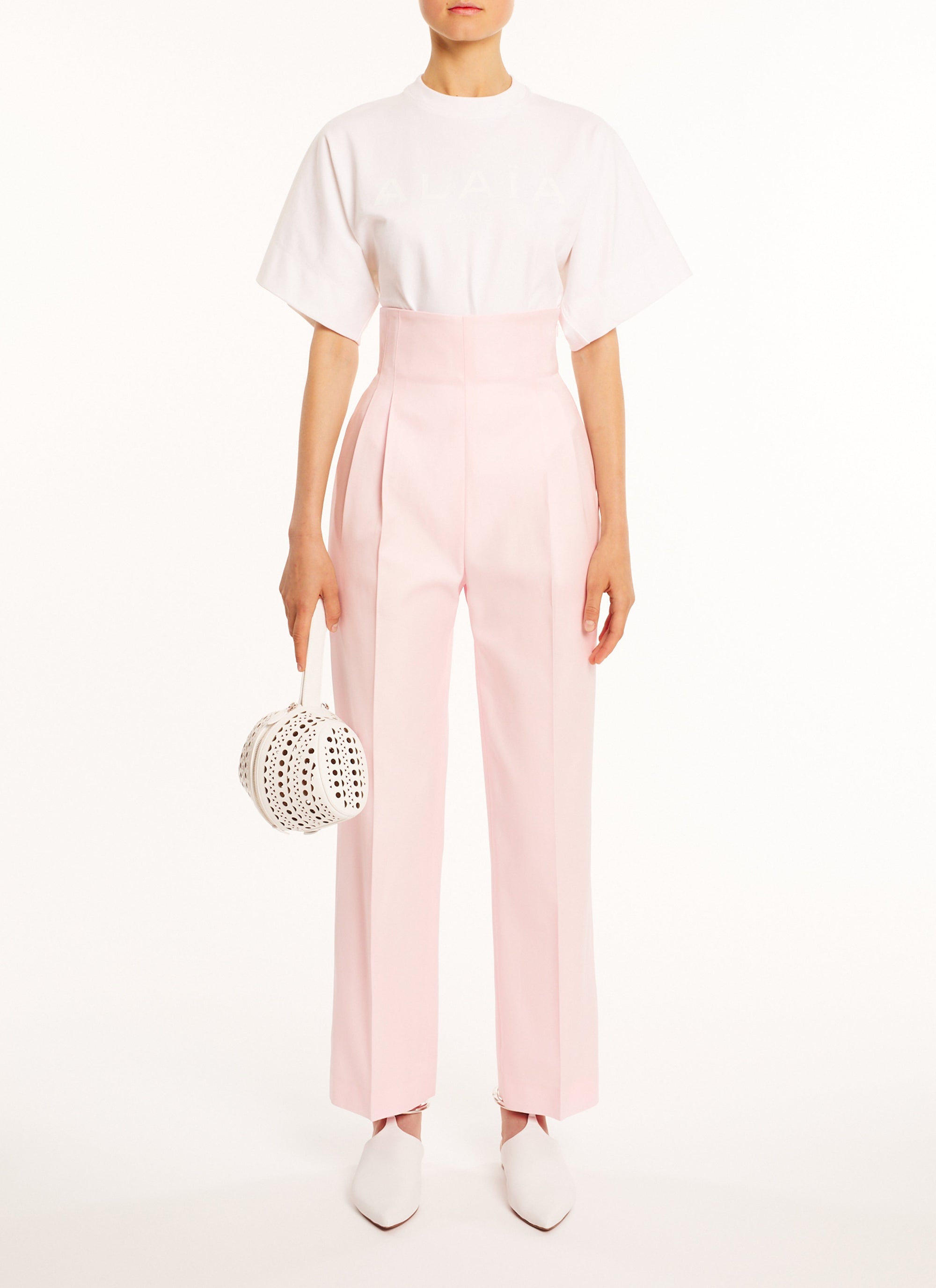 Pantalon droit taille marquée en soie mélangée - Rose