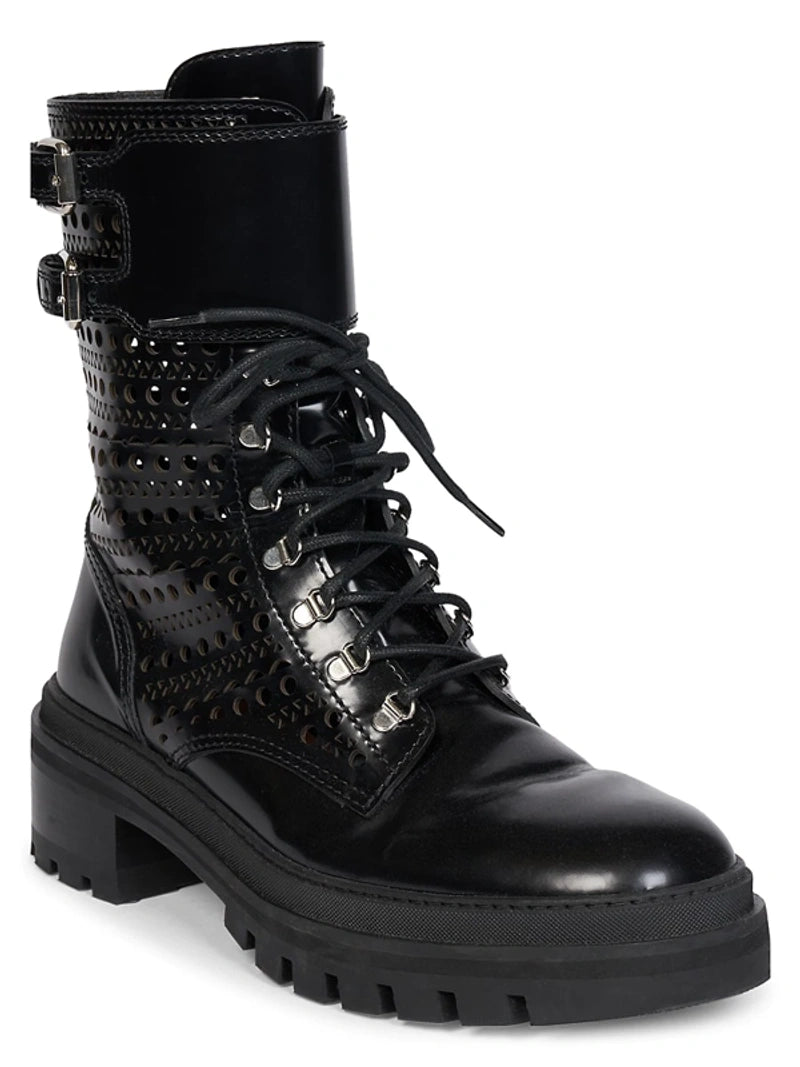 Bottines lacées et ajourées en cuir - Noir