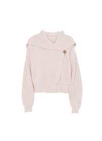 Cardigan côtelé à capuche et col châle en laine - Poudre