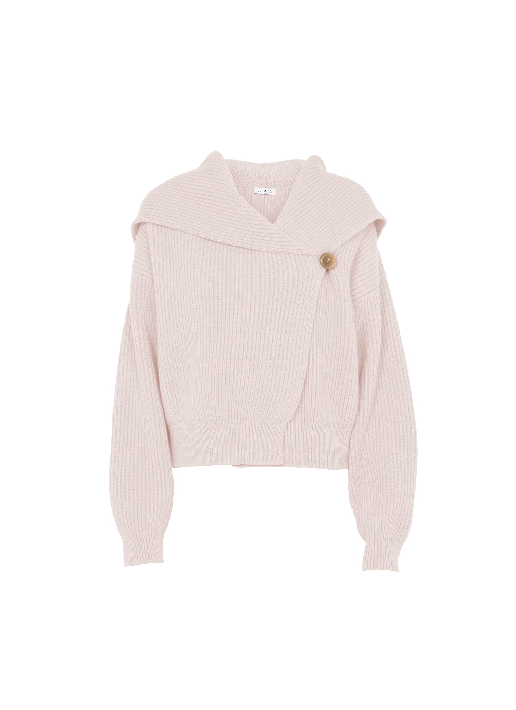 Cardigan côtelé à capuche et col châle en laine - Poudre