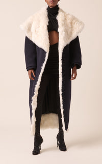 Manteau à col fourrure en laine - Marine