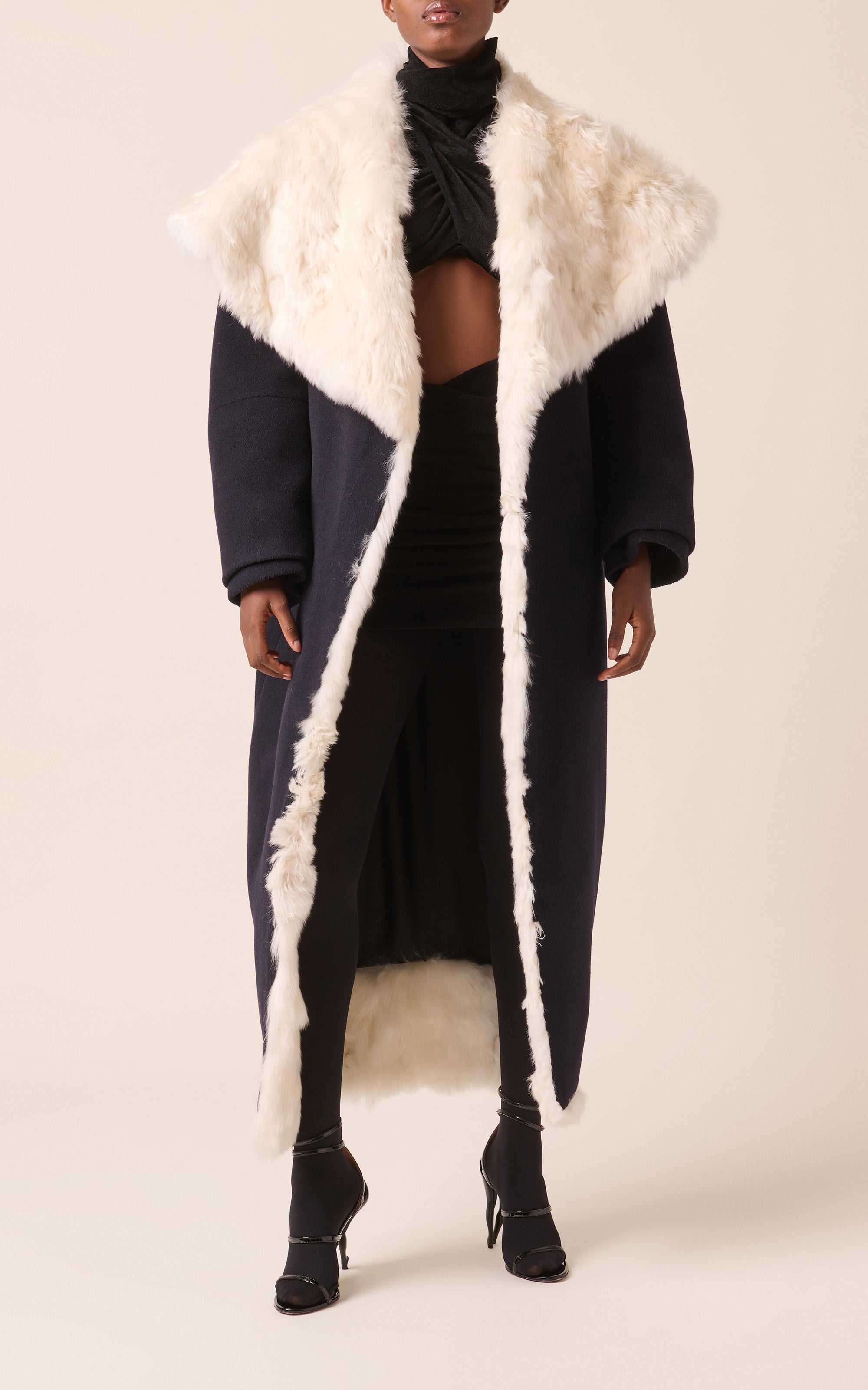 Manteau à col fourrure en laine - Marine