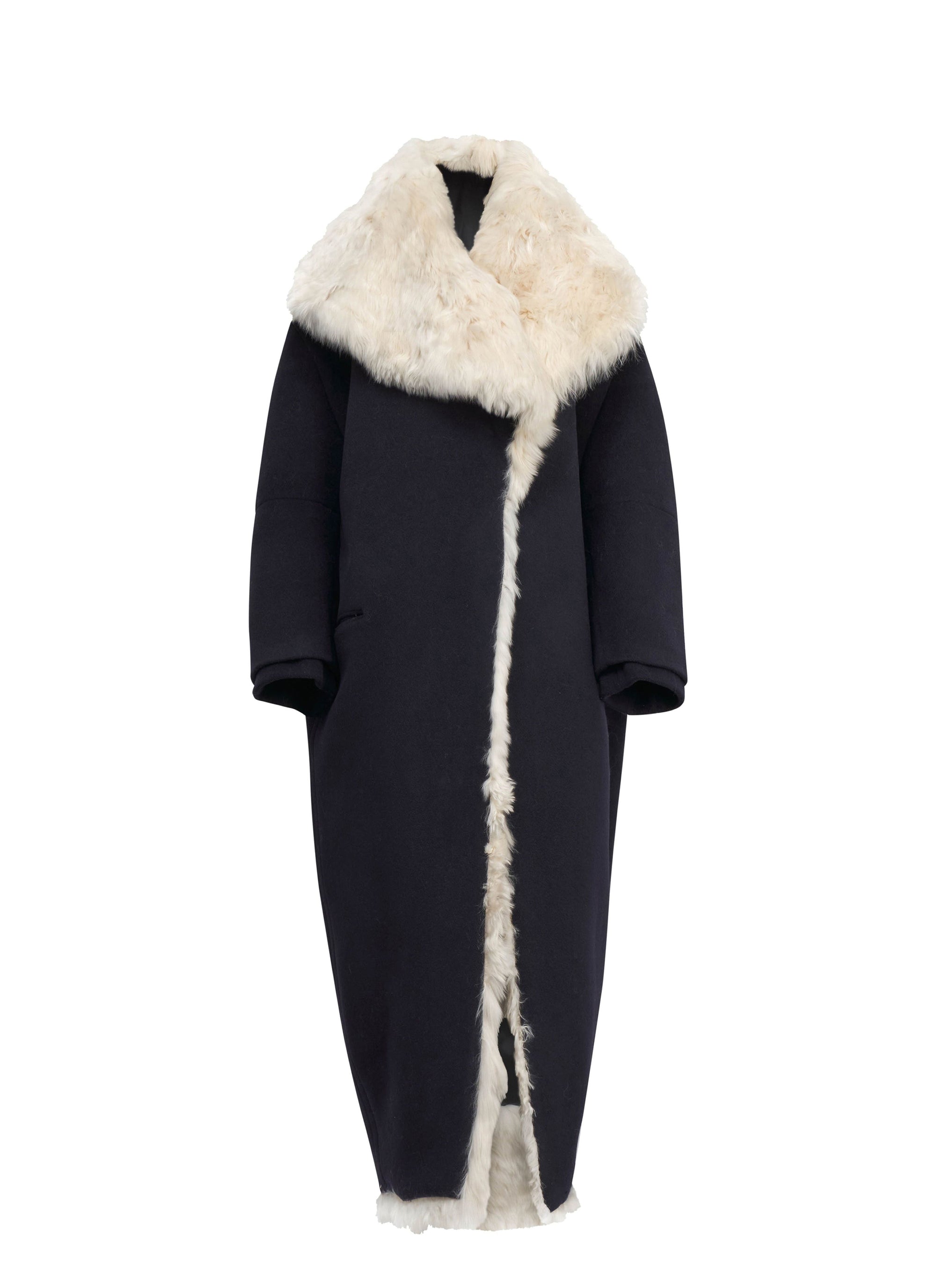 Manteau à col fourrure en laine - Marine