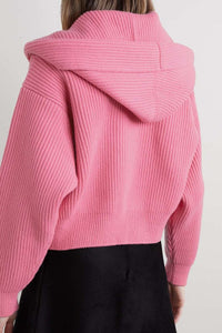 Cardigan côtelé à capuche et col châle en laine - Poudre