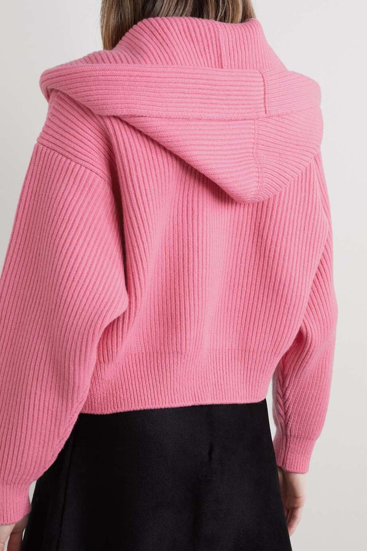 Cardigan côtelé à capuche et col châle en laine - Poudre