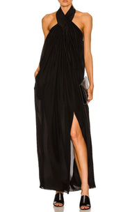 Robe longue dos nu en soie sans manches - Vert Amande