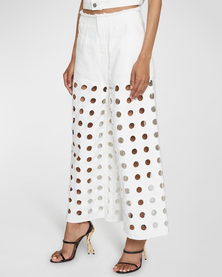 Embroidered denim low-rise trousers - White