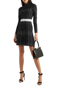 Long Sleeve Filigree Wool Dress - Black & White