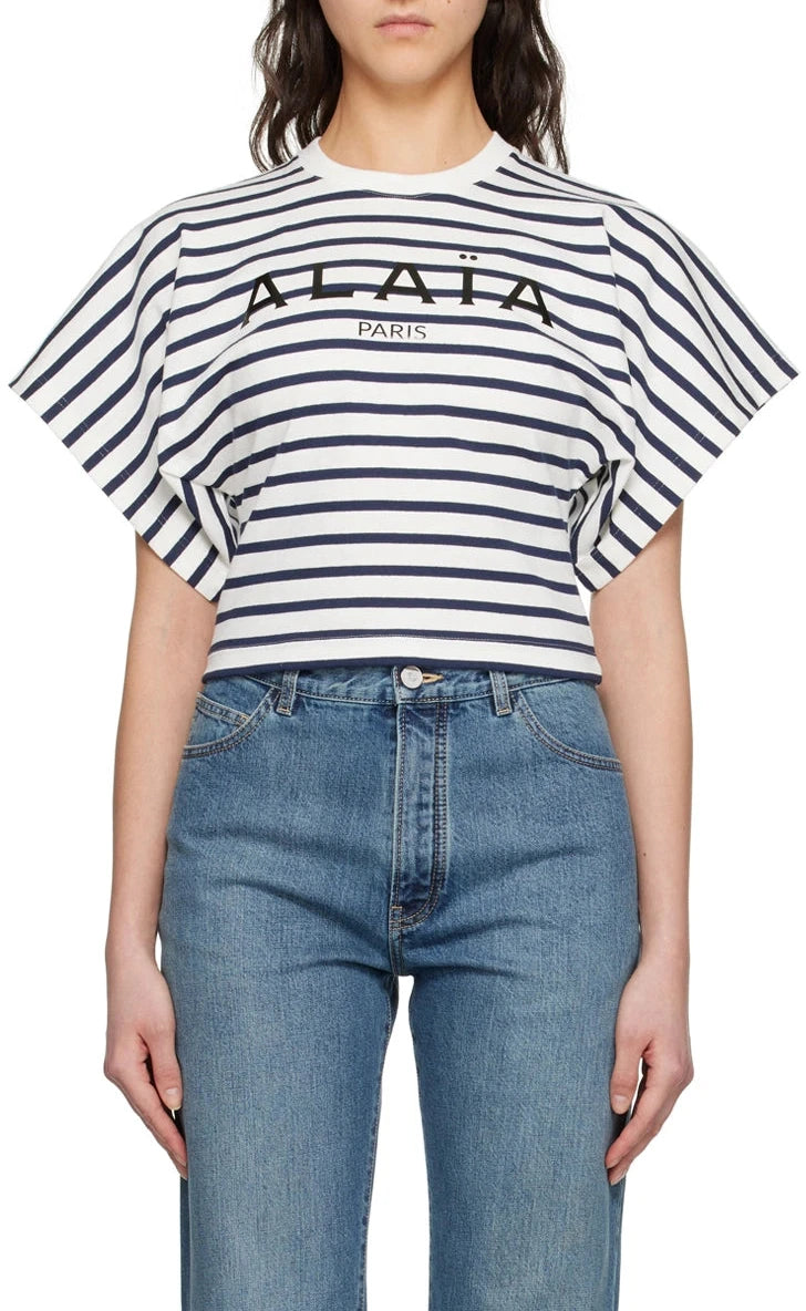 Striped T-shirt, large sleeves - Navy & Ivory