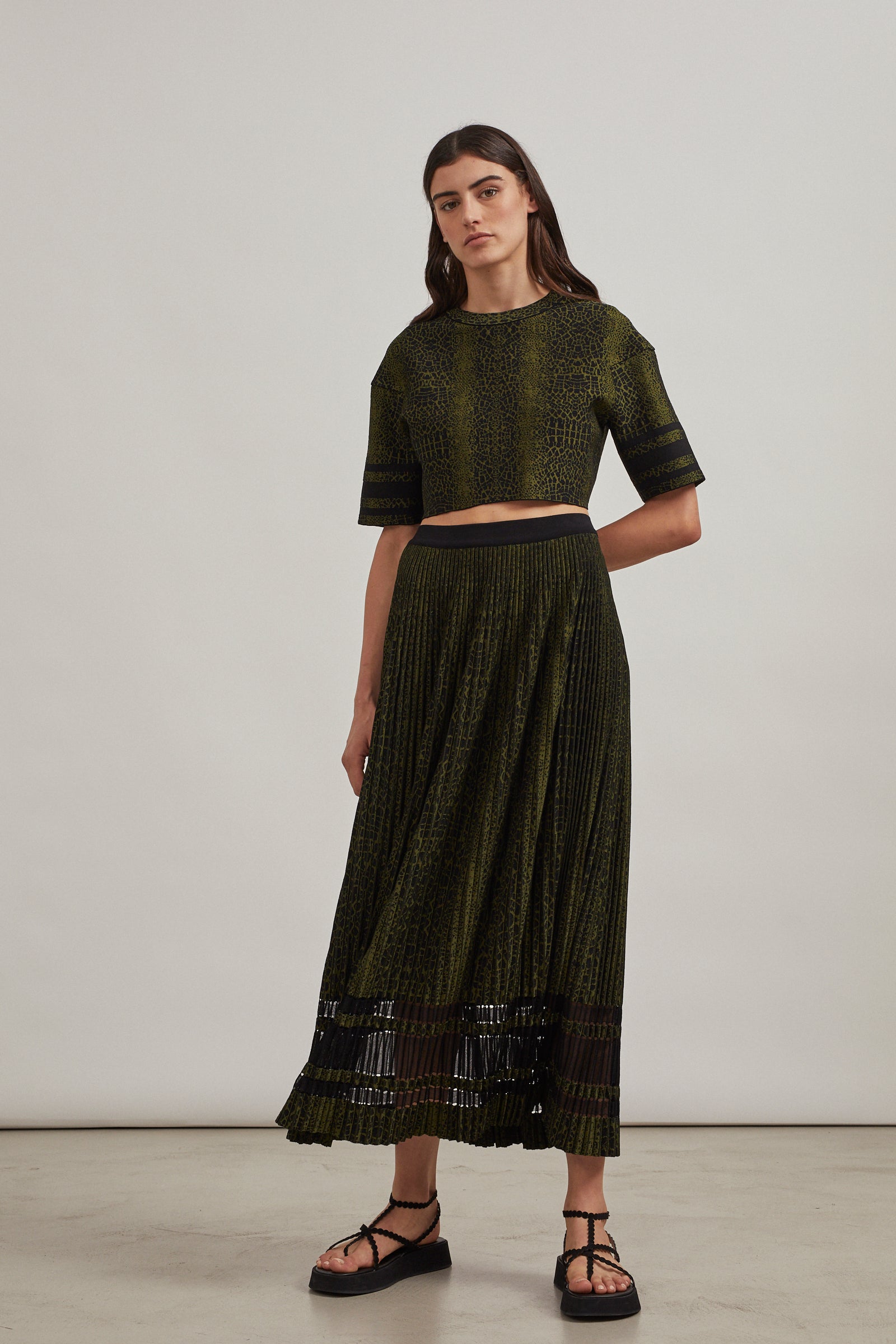 Pull court en maille jacquard animalier - Noir & Vert