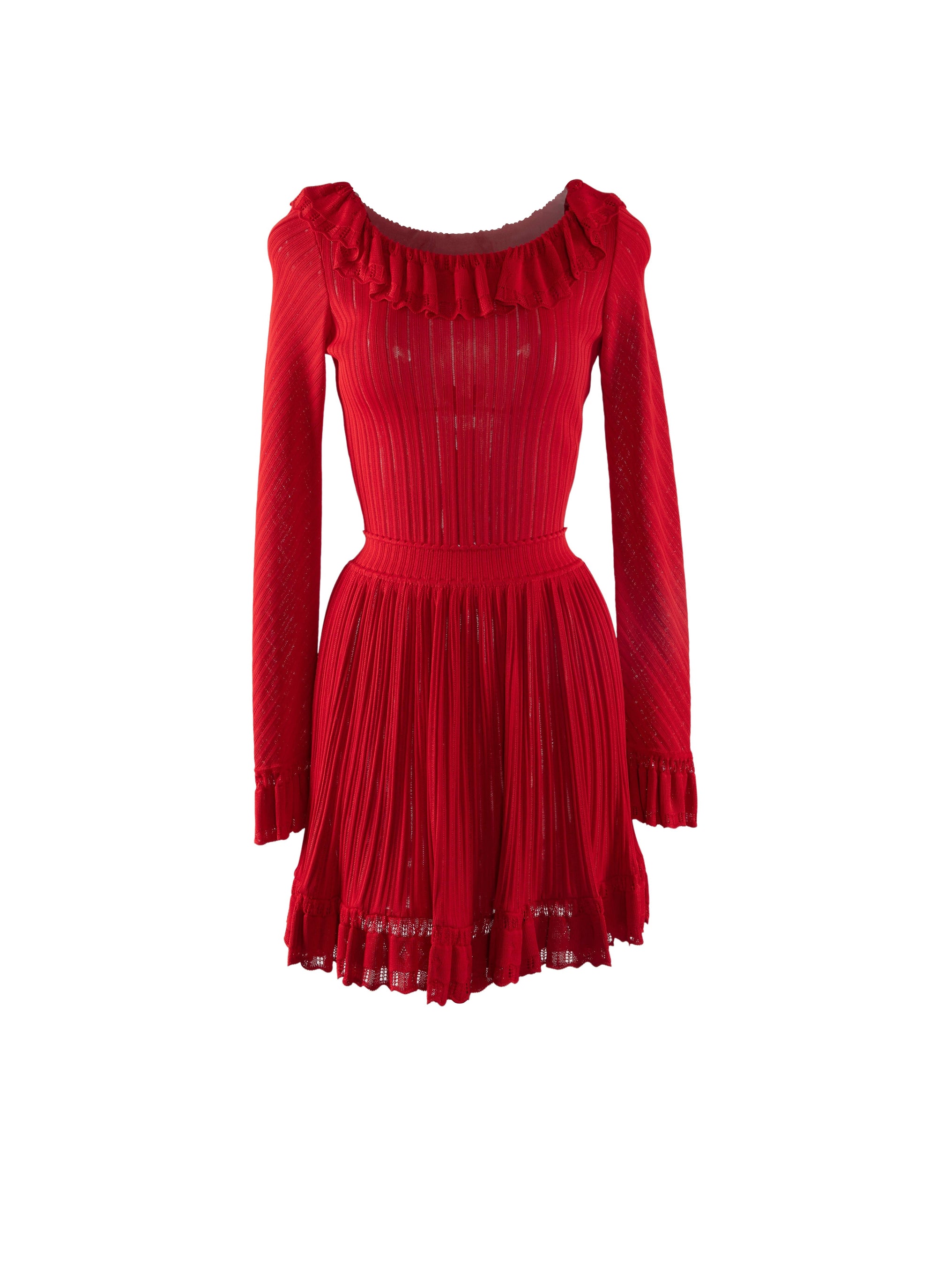 Mini robe à manches longues Falbalas en maille - Ecarlate
