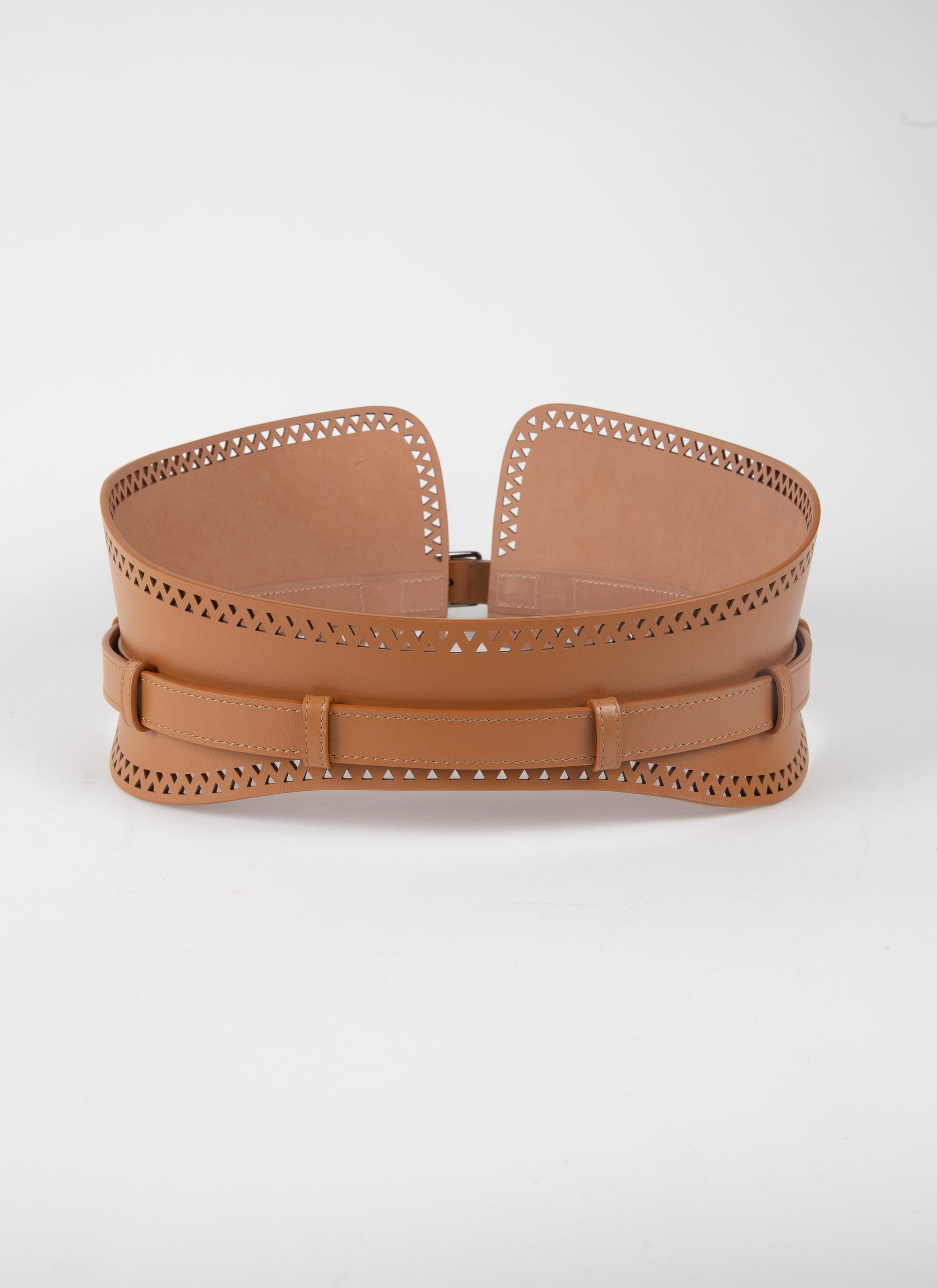 Wide openwork belt in leather - Light Tan