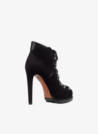 Bottines à talon lacées et ajourées en cuir - Noir