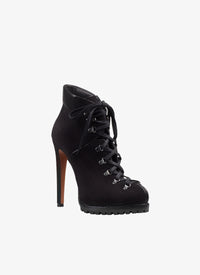 Bottines à talon lacées et ajourées en cuir - Noir