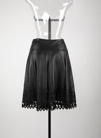 Short skirt with openwork trim in leather - Black