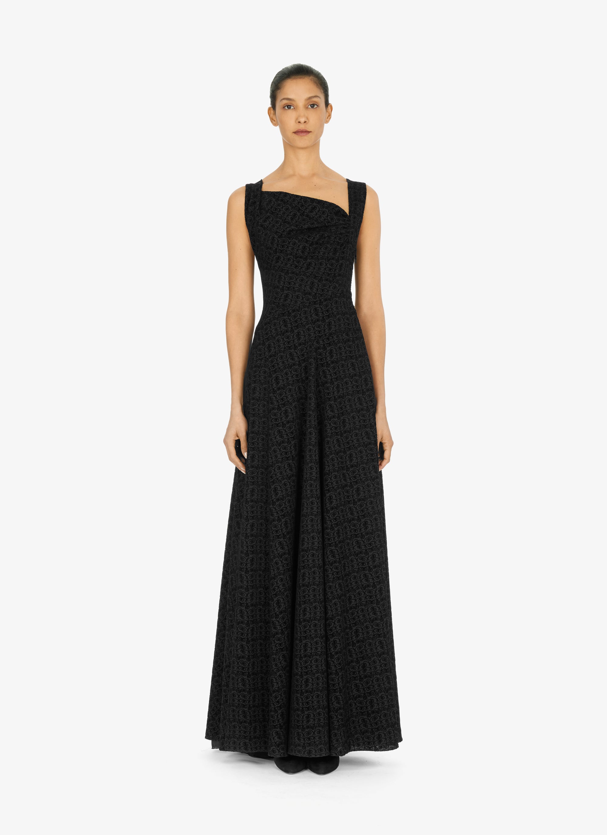 Robe longue évasée à imprimé graphique en laine - Noir