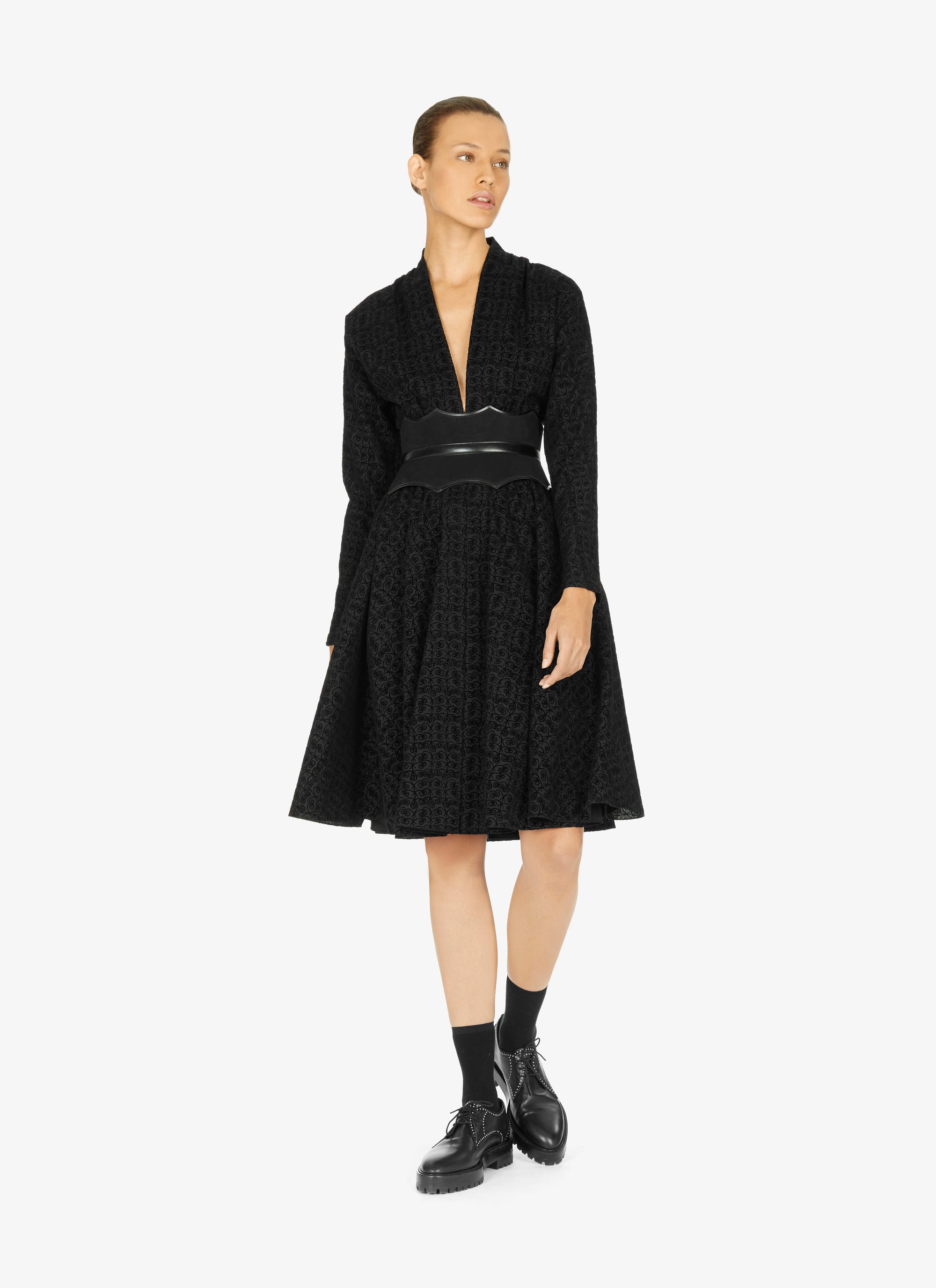 Robe évasée à imprimé graphique en laine - Noir