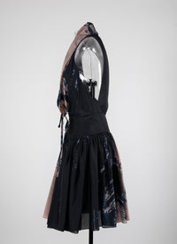 Silk floral print flared dress - Blue & Flesh